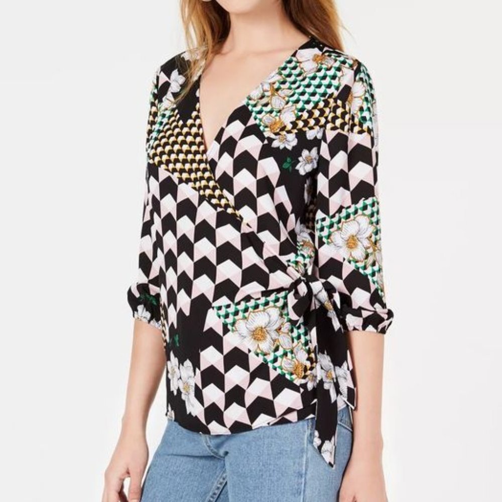 BAR III Mixed-Print Wrap Top Size S